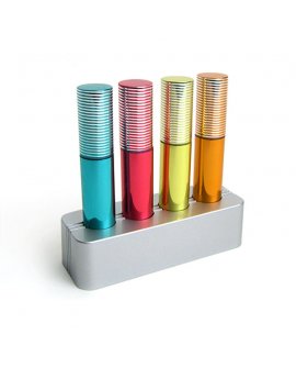 4 colourful highlighters with anodized aluminium barrel and horizontal shiny stripes pattern on the cap, presented in an ABS sil